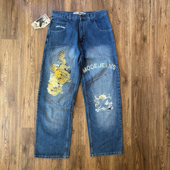 Mido Paris Embroidered Y2K Baggy Jeans with Dragon Design - Picture 1 of 3